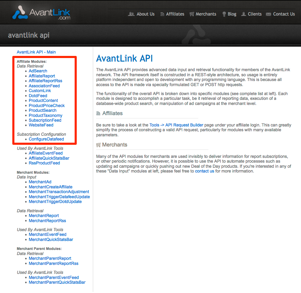 AvantLink API documentation affiliate screenshot
